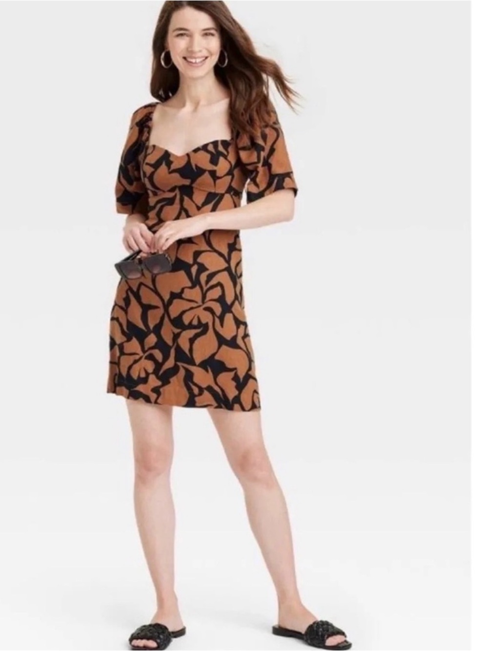 a new day Black Floral Print on Tan Sweetheart Mini Dress
